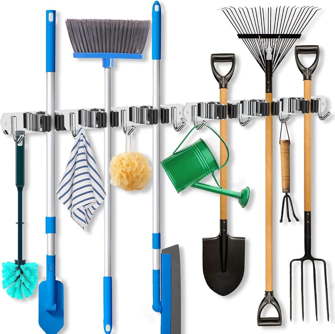 ZONGOOL 2 Pack 3 Racks and 4 Hooks Mop and Broom Holder Wall Mount, Heavy Duty Broom Hanger Organizer Storage Tool Racks Stainless Steel Self Adhesive Wall Hanger for Kitchen Garden Laundry Garage (Silver)