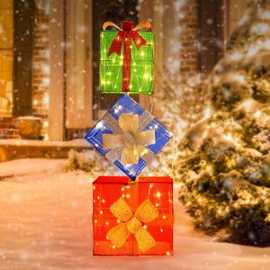 3D Christmas Lighted Gift Boxes, Outdoor IP65 Waterproof 80 LEDs Colorful Stackable Christmas Decorations with Bow Timer Set of 3 Warm White Xmas Lights Decor for Yard Lawn Holiday Home Indoor -32inch