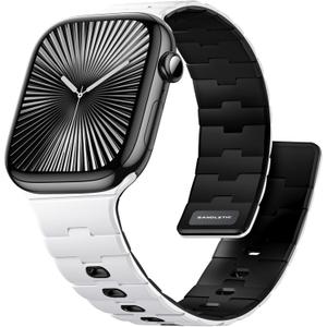 Bandletic Magnetic Silicone Watchband Compatible with Apple Watch Band 44mm 45mm 46mm 49mm 42mm 41mm 40mm 38mm Men Women, Strong Magnet Sport Strap for iWatch Series 11 10 9 8 7 6 5 4 Ultra SE 3 2 1 (White/Black)