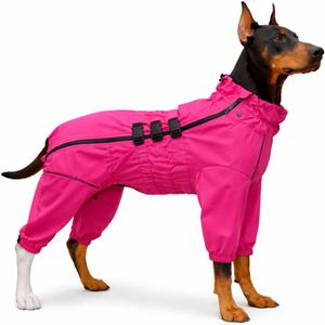 Lovelonglong Waterproof Dog Raincoat  4-Leg Full Body Dog Rain Suit with Reflective Strips & Leash Opening, Outdoor Dog Jacket for Rainy Weather (5XL (back 29"), Rosered)