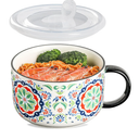 Jumbo Soup Bowl with Lid: 38 oz Ceramic Soup Mug with Big Handle for Ramen Cereal Breakfast Meal Prep Office Lunch Dorm Living - Microwave Safe Extra Large Food Container - Pattern A