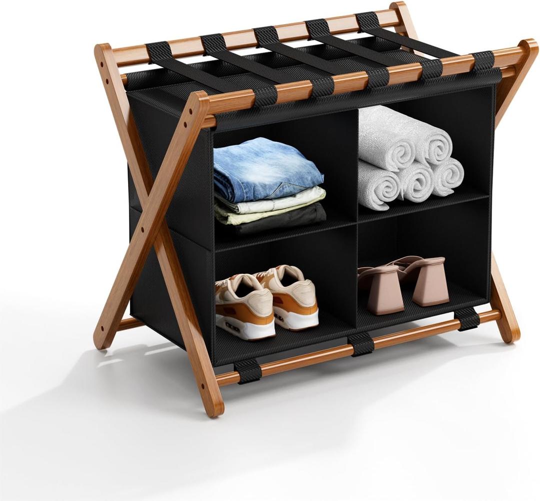 MHACVVO Bamboo Luggage Rack with 4 Storage Compartments, Foldable Suitcase Stand for Guest Room, 150lbs Capacity, Sturdy, Space-Saving and Easy to Assemble Organizer (Walnut 1 Pcs)