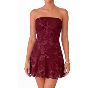 Memoriesea Women's Strapless Floral Mini Dress Mesh Cocktail Party Homecoming Dresses (Red, XL)