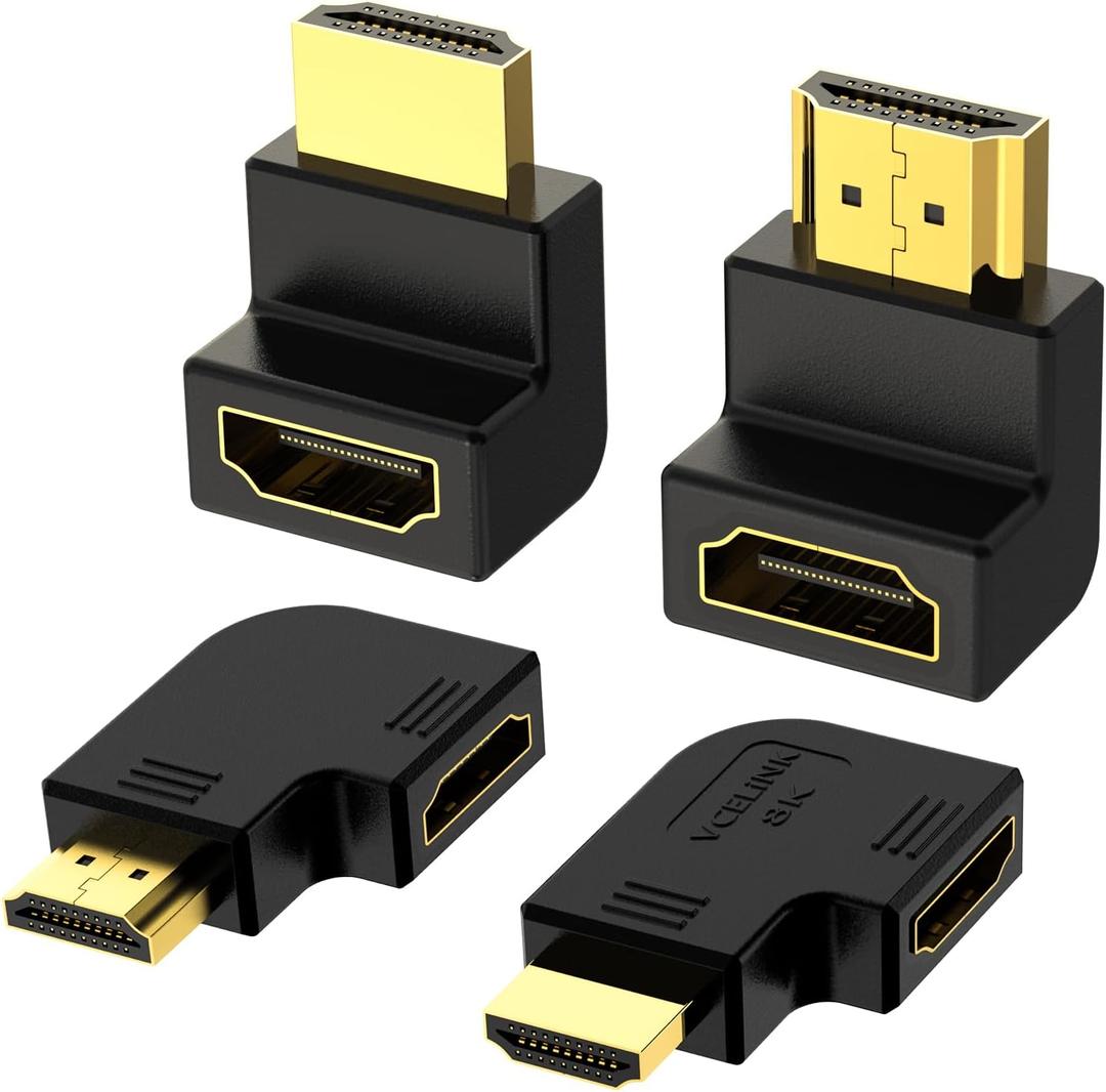 VCELINK 8K HDMI 2.1 Right Angle Adapter, 4 Pack Combo 2 Pcs 90 and 270 Degree & 2 Pcs Vertical Flat Left and Right Male to Female Cable Adapter with 8K@60Hz, HDR, eARC for HDTV Switch Laptop PS5 Xbox