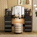 Vanity Desk & LED Lights, Makeup Vanity with Mirror with 8 Drawers& 6 Shelves,Vanity 3 Lighting Modes Brightness Adjustable Drawers Atmosphere Light