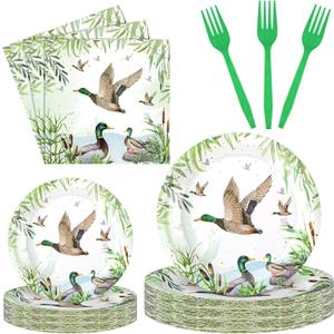 Sunnyray 96 Pcs Mallard Duck Party Decorations Supplies Duck Hunting Birthday Party Tableware Set Mallard Baby Shower Plates Napkins Forks for 24 Guests