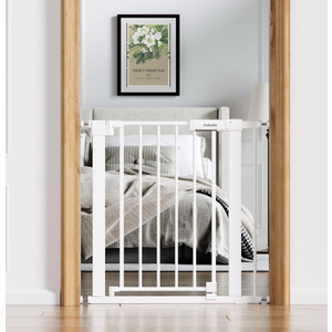 Babelio 26-31 in Narrow Baby Gate for Stairs with Wide Door, PressGuard II Pressure/Wall Mount, Dual Lock with Indicator, Auto Close, Heavy Duty, Easy Install for Doorways, Kitchens, Hallway, White