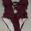 WDIRARA Women's Halter One Piece Swimsuit Beaded Deep V Neck Tie Backless Swimwear (Medium, Maroon)