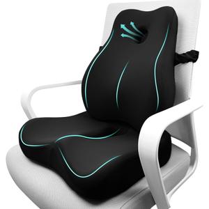 Seat Cushion & Lumbar Support Pillow Set,Memory Foam Office Chair Cushion for Tailbone Pain, Non-Slip Back Support for Car,Desk,Gaming Chair,Wheelchair, Breathable & Machine Washable