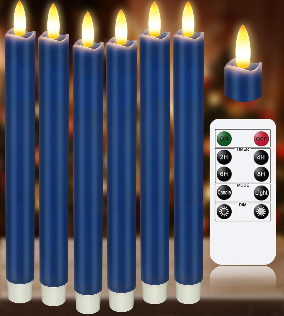 KSWING Upgraded Real Wax LED Flameless Navy Blue Taper Candles with Remote, 6 PCS Candlesticks Battery Operated 3D Flickering - 9.6" Long Realistic Fake Candle Sticks for Home/Wedding/Xmas Deco 2 Missing Candles