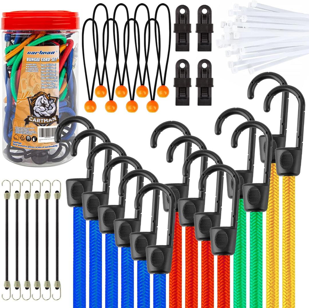 Cartman 32 Piece Bungee Cords Assortment Jar Includes 10" 18" 24" 32" 40" Bungee Cord with Hooks, 8" Canopy Tarp Ball Ties and Tarp Clips