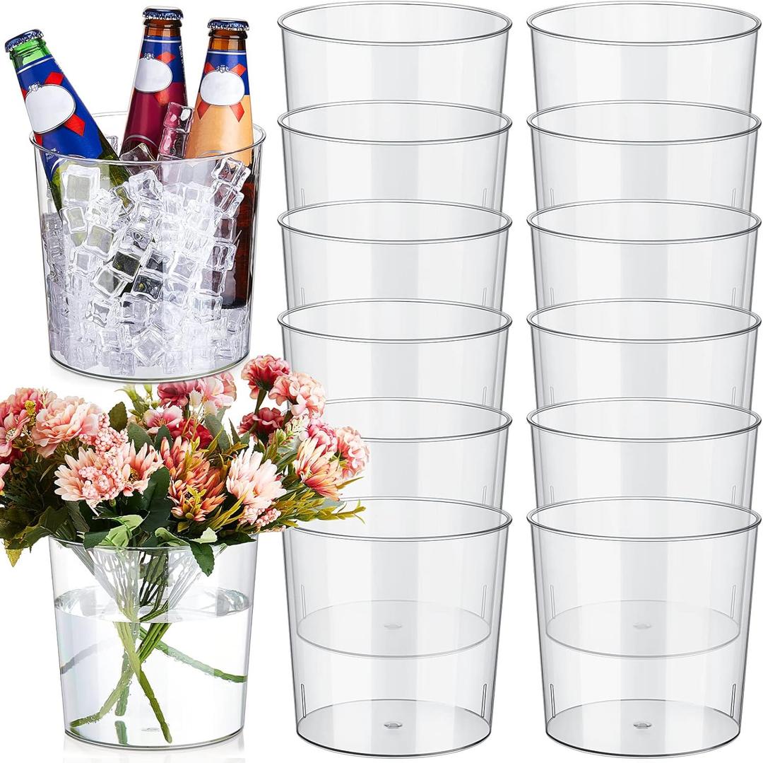Plastic Ice Container Clear Flower Vases 6L Large Champagne Beer Buckets Classic Transparent Chiller Tub Portable Cooler Container Multipurpose Garbage Can Wastebasket for Party Bar Kitchen (12 Pack)