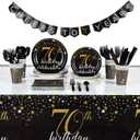 Sparkle and Bash 70th Birthday Decorations for Men & Party Supplies - 170-Piece Black & Gold Disposable Dinnerware Set, Serves 24 - Plates, Napkins & Utensils, Cups, Tablecloth & Banner