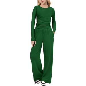 Arshiner Girls 2 Piece Set Fall Outfits Lounge Sets Ruched Long Sleeve Top Wide Leg Pants Sweatsuit Clothing Set, 130, Dark Green