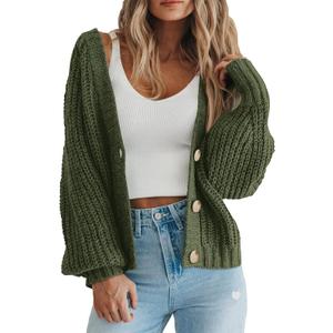 PRETTYGARDEN Women's Chunky Knit Open Front Sweater Long Sleeve Button Loose Short Cardigan Outerwear Coats (Medium, Army Green)