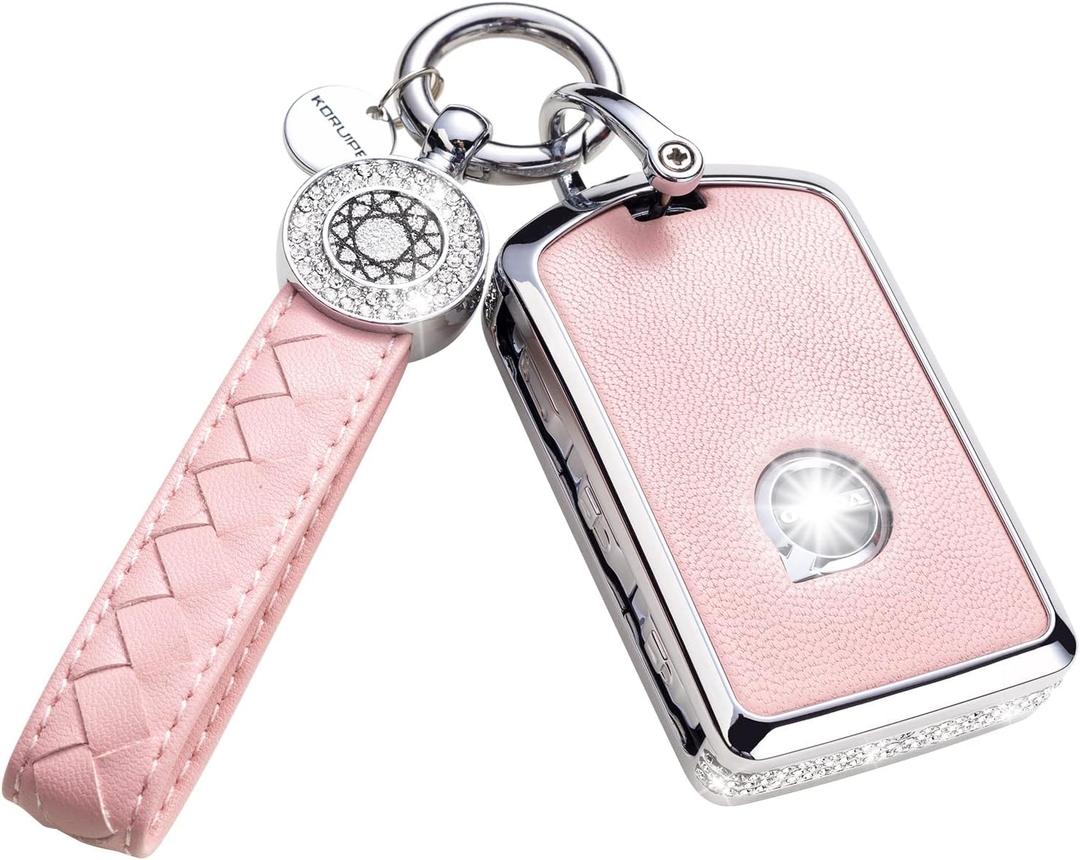 Key Fob Cover Compatible with Volvo, Pink Leather Crystal 360 Degree Protection Key Shell Case for XC90, XC60, XC40, S60, S90, V60, V90, Polestar 1, Polestar 2