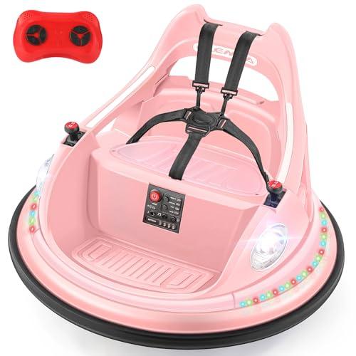 ELEMARA Bumper Car for Kids, 1.9mph Max, 12V Toddler Ride on Toys with Remote Control, 2-Speed, 2 Playing Modes, 360 Degree Spin, Bumping Toy Gifts W/Bluetooth, 5 LED Lights Modes, DIY Stickers, Pink