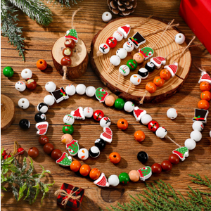 Geelin 300 Pcs Christmas Wood Beads with Twine  Santa Gingerbread Snowman Winter Animals Wooden Round Bead for Hanging Ornaments DIY Crafts Garland Holiday Tree Decor(Classic Christmas)