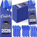 Funnymoom 400 Pcs 2026 Graduation Wrapped Silverware Bags Holder - Disposable Dinnerware Set Includes Plastic Spoons Knives and Forks, Class of 2026 Parties School Congrats Supplies(Dark Blue)