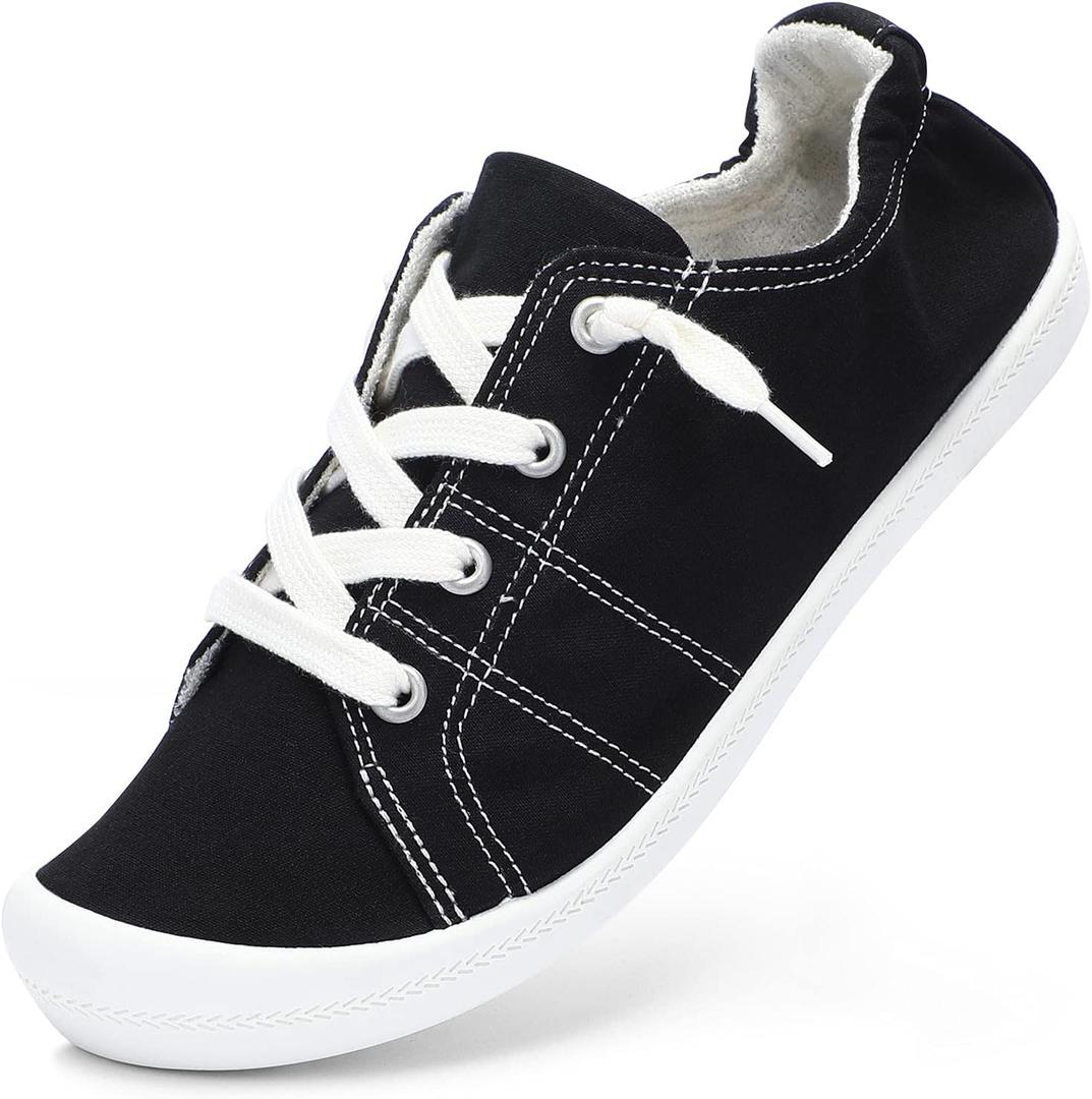 STQ Women Slip On Sneakers, Comfortable Casual Canvas Shoes (10, Black)