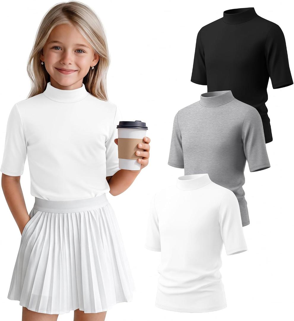 3 Pack Girls' 1/2 Sleeve Shirts | Mock Turtleneck Shirts, Half Sleeve, Basic, Elbow Length, Casual, Going out, Basic, Stretch, Soft, 5-14 Years, Summer