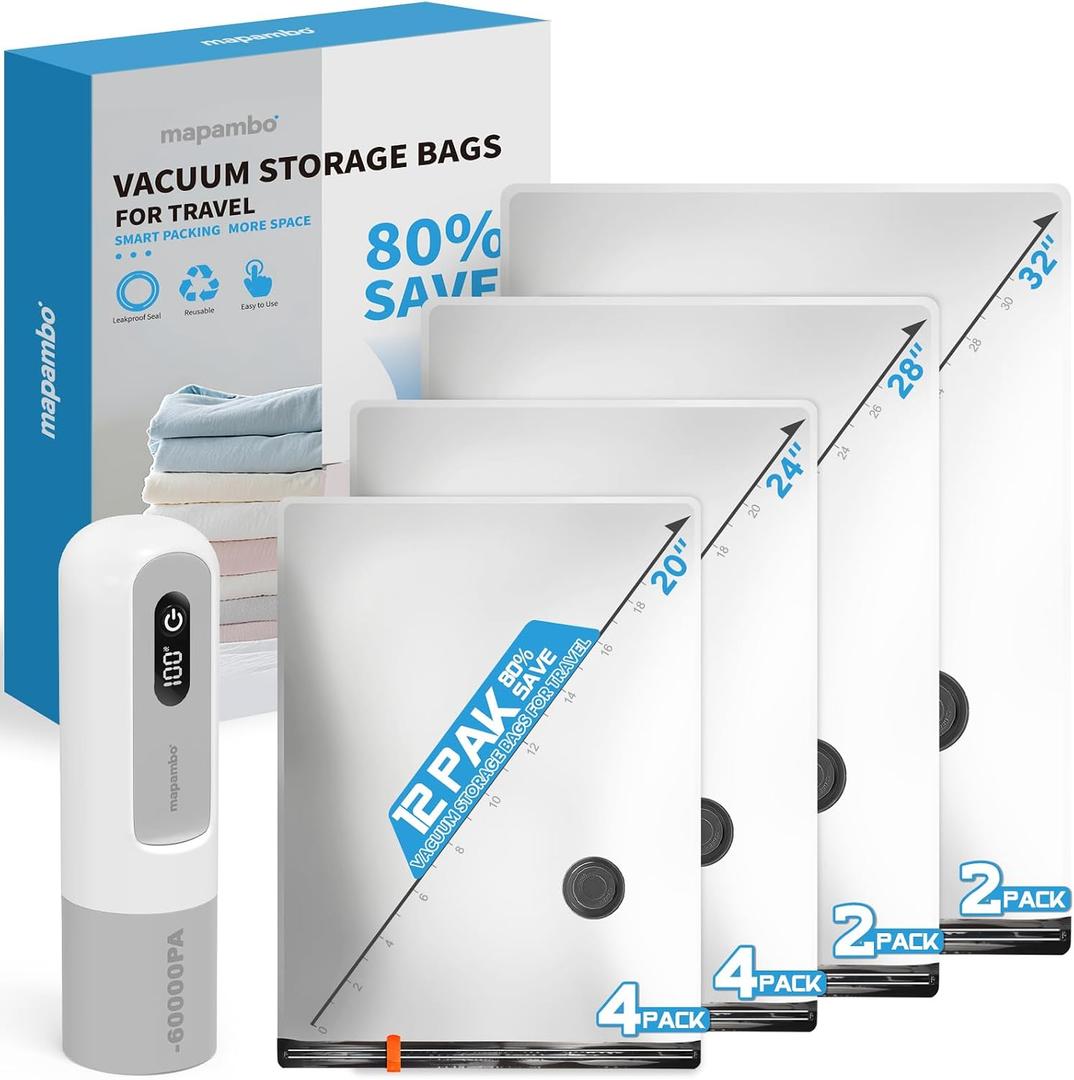 Mapambo Vacuum Seal Bags for Clothing Travel: 60000Pa LED Rechargeable Air Pump, 12 Pack Vacuum Bags for Luggage and Suitcase in 4 Combo Sizes, Space Saver Vacuum Storage Bags