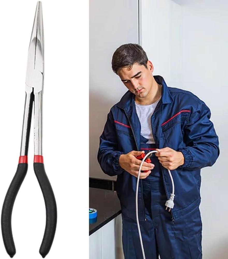 11 Inch Long Reach Pliers, Heavy Duty Long Reach Needlenose Pliers Work with Delicate or Difficult-to-Reach Pieces Non-Slip Grips Ideal for Mechanics, Technicians(SIZE:Straight)