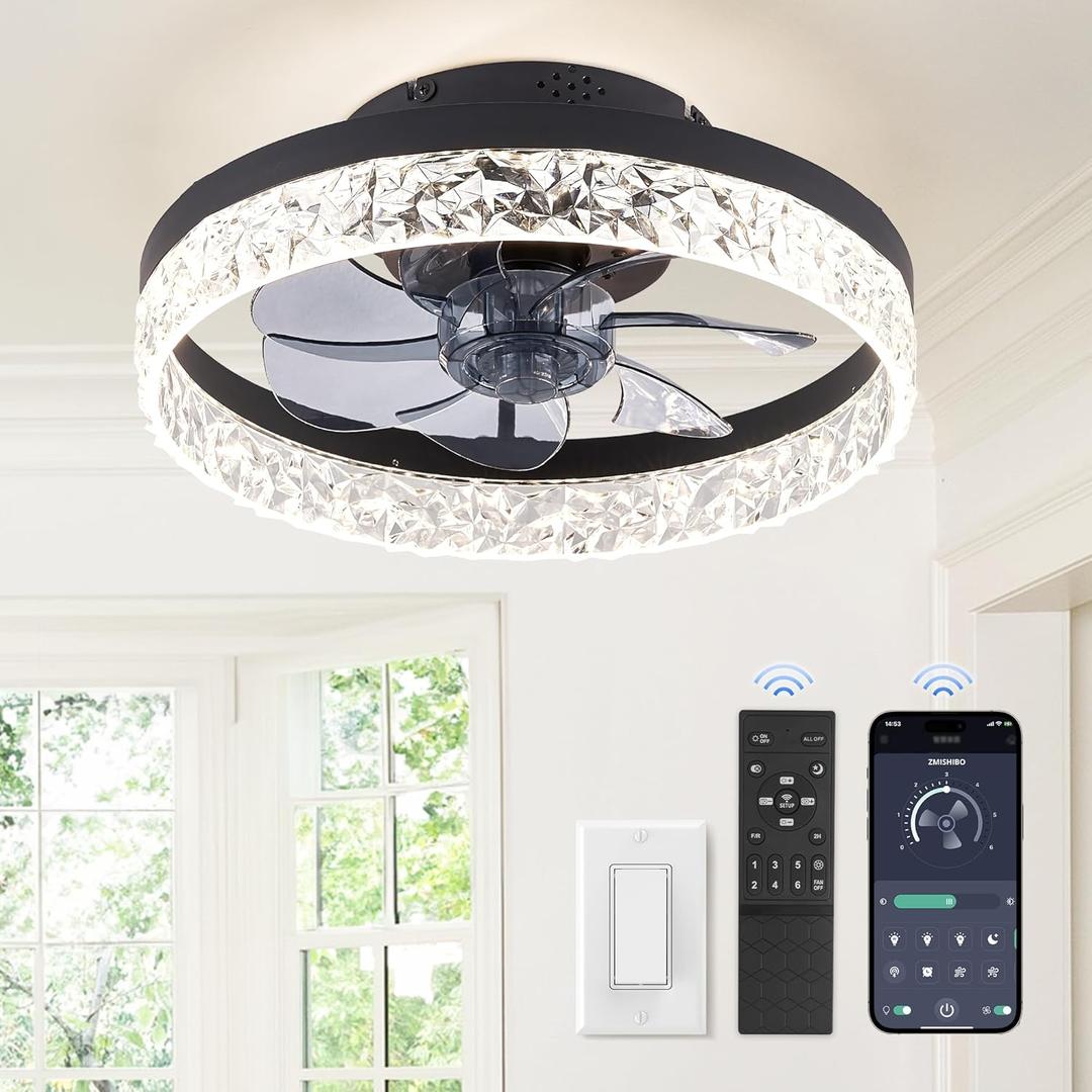 ZMISHIBO Ceiling Fans with Lights, Low Profile Ceiling Fan with Light and Remote, Flush Mount Ceiling Fan, Reversible, Dimmable, Noiseless, 15.7 inch Small Ceiling Fans for Bedroom, Indoor Use - Black