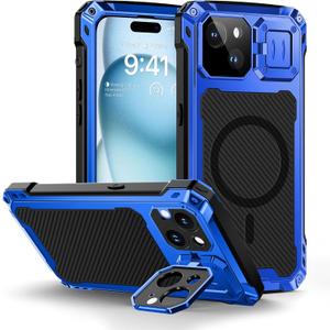 Lanhiem for iPhone 15 Metal Case, [Built-in Camera Kickstand & Glass Screen Protector] Heavy Duty Protective Rugged Full Body Military Grade Shockproof Aluminum Magnetic Cover for iPhone 15 (Blue)