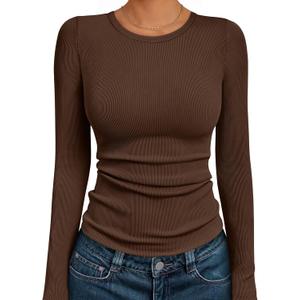 AUTOMET Women's Ribbed Long Sleeve Basic Top - Soft Stretch Crewneck Shirt for Work & Casual (Brown, M)