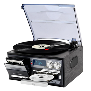 Vintage 9-in-1 Record Player Turntable with Bluetooth, AM/FM Radio, CD & Cassette Player, USB/SD Playback, Remote Control, Aux & RCA Inputs, Headphone Jack – Classic Audio System for Music Lovers