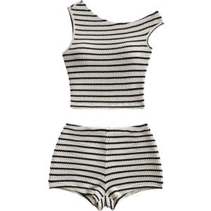 SOLY HUX Women's 2 Piece Striped Off The Shoulder Crop Tops and Mini Shorts Set Summer Y2K Going Out Outfits (XS)