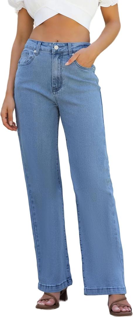 ETTELO Womens Jeans High Waisted Straight Leg Loose Stretchy Lightweight Tummy Control Trendy Jeans for Women 2025 (Blue)