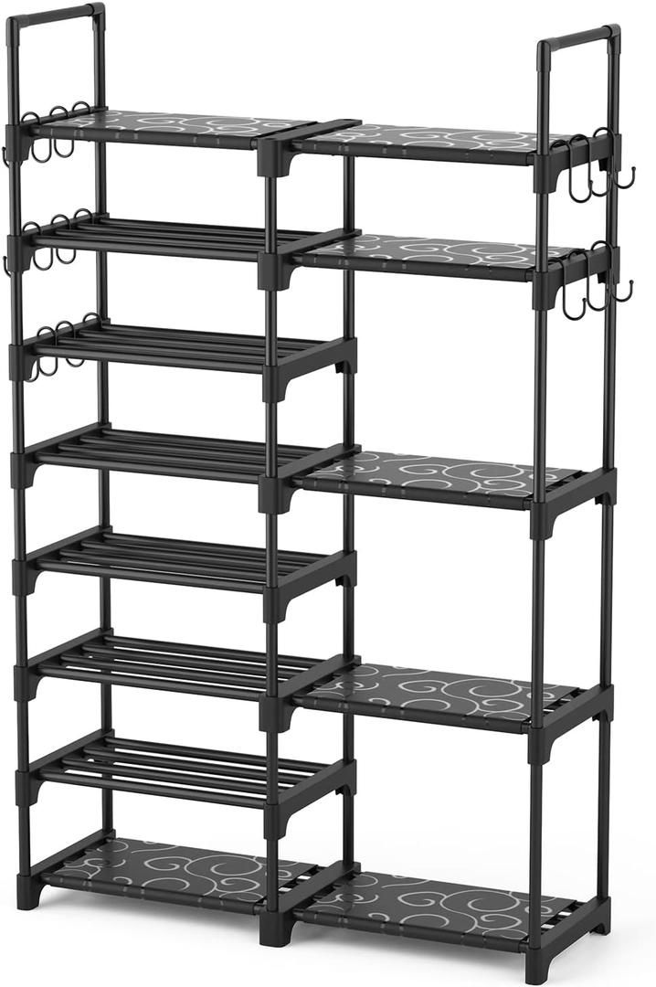 ROJASOP Shoe Rack Organizer, 8-Tier Metal Shoe Rack for Closet Entryway Garage, 26-32 Pairs Tall Shoe Boot Storage Shelf with 15 Hooks, Stackable Large Shoe Stand (Black)