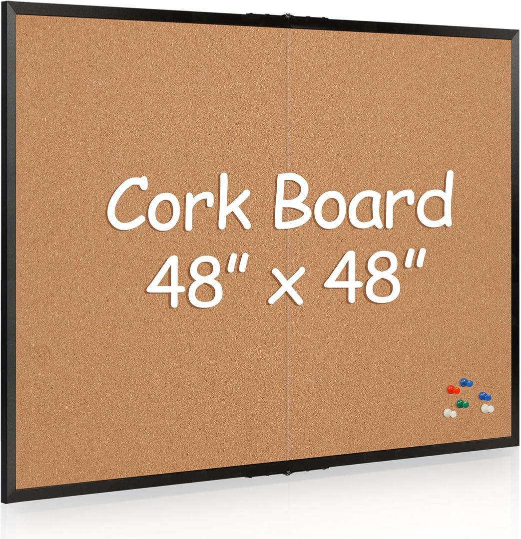 Extra Large Cork Bulletin Board 48" X 48", Foldable Notice Pin Board for Wall, Black Wood Framed 4'x4' Corkboard, Wall Mounted Noticeboard with 32 Push Pins for School, Home & Office