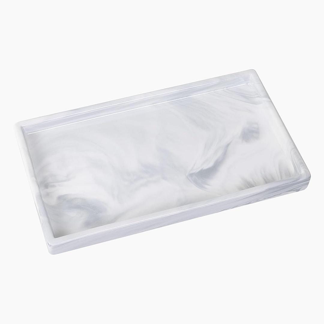 Bathroom Vanity Tray - 11'' Ceramic Rectangle Countertop Tray, Heavy-Duty Perfume Organizer Plate, Jewelry Ring Tray, Kitchen Soap Dispenser Stone Trays, Marble White