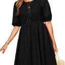 Dokotoo Summer Dresses for Women 2026 Tie Front V Neck Short Puff Sleeve Hollow Out Lace Wedding Guest Dress (M)