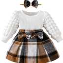 Toddler Baby Girl Plaid Dress Puff Sleeve Bow Patchwork Ribbed Shirts Dress Plaid Fall Winter Outfits with Headband (0-3 Months)