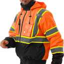 Hi Vis Safety jacket for men,Reflective high Visibility Hooded jacket,Work Bomber Jacket with Pockets and Zipper,Waterproof,ANSI Class 3 Black Bottom Tangerine,5XL