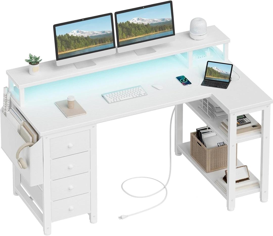 Lufeiya L Shaped Desk with Led Lights and Power Outlets, 47 Inch Writing Study Computer Gaming Desks with Fabric Drawers for Bedroom, Home Office Corner Desk with Monitor Stand Shelves, White, 47.2"