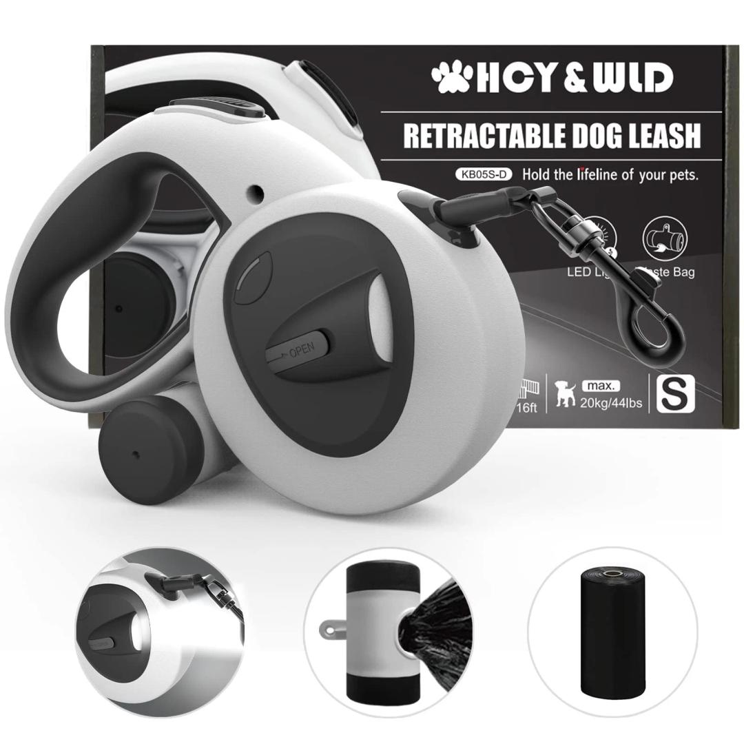 HCY&WLD Upgrade 4in1 Retractable Dog Leash with LED Light & Dispenser & Poop Bags, 16 ft Heavy Duty Dog Leash with AntiSlip Handle for Dogs up to 44 lbs, 360° TangleFree, One Button Brake & Lock
