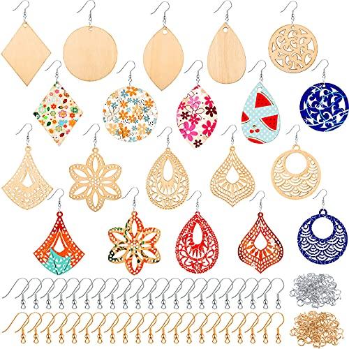 296 Pieces Unfinished Wooden Dangle Earring Set 48 Blank Wooden Pendants Teardrop Earrings with 48 Hooks 200 Jump Rings for DIY Jewelry 10 Styles (Natural Wood Color) count unconfirmed