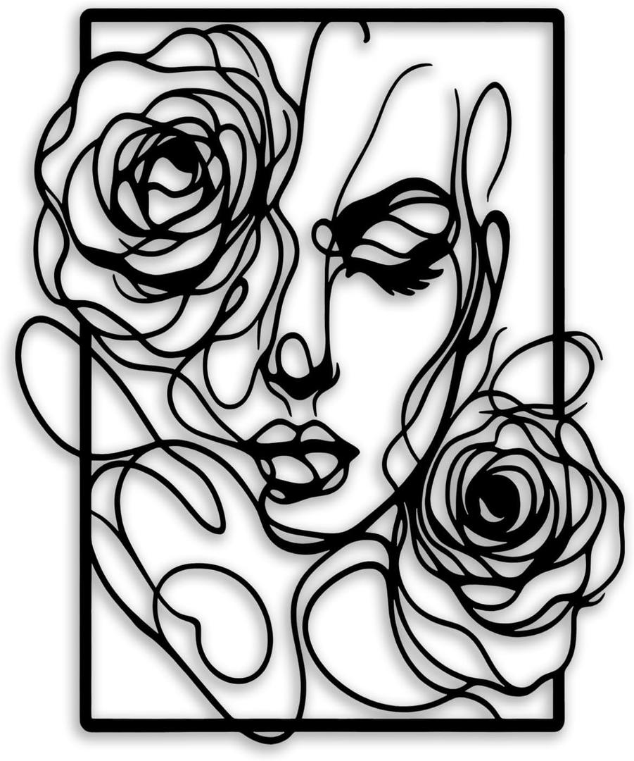 Female Face Rose Metal Wall Decor - Elegant Room Decor Wall Art Home Decor for Living Room, Bedroom, Dining Room, Bathroom, Office (Black)