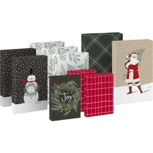 Hallmark Christmas Shirt Boxes for Presents (10 Clothes Boxes with Lids: 3 Small 11", 5 Medium 14", 2 Large 16") Red, Green and Black Plaid, Snowmen, Santa, Winter Greenery