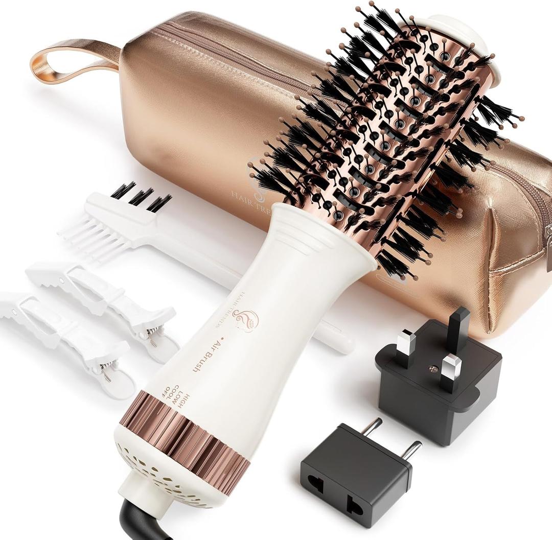 Travel Blow Dryer Brush in one, Dual Voltage 110V-240V Mini Hot Air Brush, Hair Trends Nano Titanium 2 Inch One Step Hair Dryer and Styler Volumizer Oval Shape (White & Rose Gold)