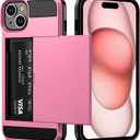 Vofolen for with iPhone 15 Wallet Case with Card Holder, Dual Layer Shockproof Wallet Phone Case, Hidden Card Slot Sliding Protective Hard Back Cover Slim Case for Women, 6.1 Inch Pink