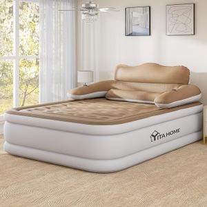 YITAHOME Queen Size Air Mattress with Headboard, 18in Inflatable with Pillow, Blow Up Mattress with Removable Electric Pump, Comfort Air Bed Queen for Camping & Home, Brown