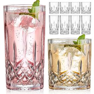 Qipecedm Drinking Glasses, 8 Piece Crystal Glass Cups, Mixed Glassware Set, 4 pcs Crystal Old Fashioned 11oz Highballs and 4 pcs 11oz Whiskey Glasses, Great for Cocktail, Whisky and other Beverages (Clear)