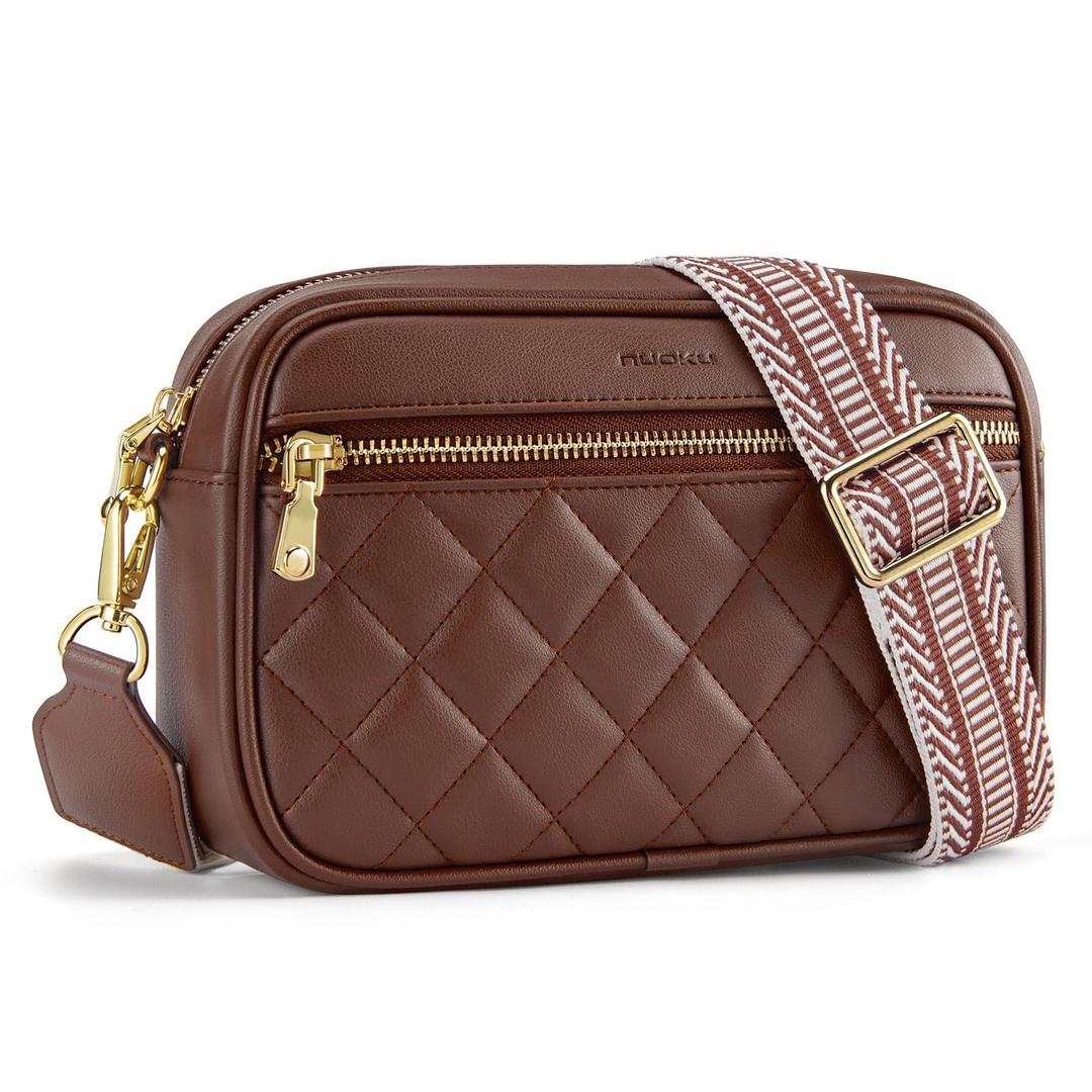 nuoku Quilted Crossbody Bags for Women RFID Anti Theft Wallet Purse with Phone Pocket Vegan Leather Small Travel Purses with Wide Guitar Strap, Coffee