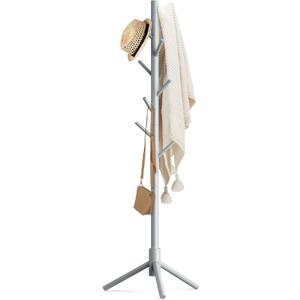 Haddockway Wooden Coat Rack Stand with 8 Hooks New Zealand Pine 3 Adjustable Coat Standing Tree Easy Assembly for Coats, Hats, Scarves and Handbags for Entryway, Hallway, Bedroom, Office (1 PC, Gery)